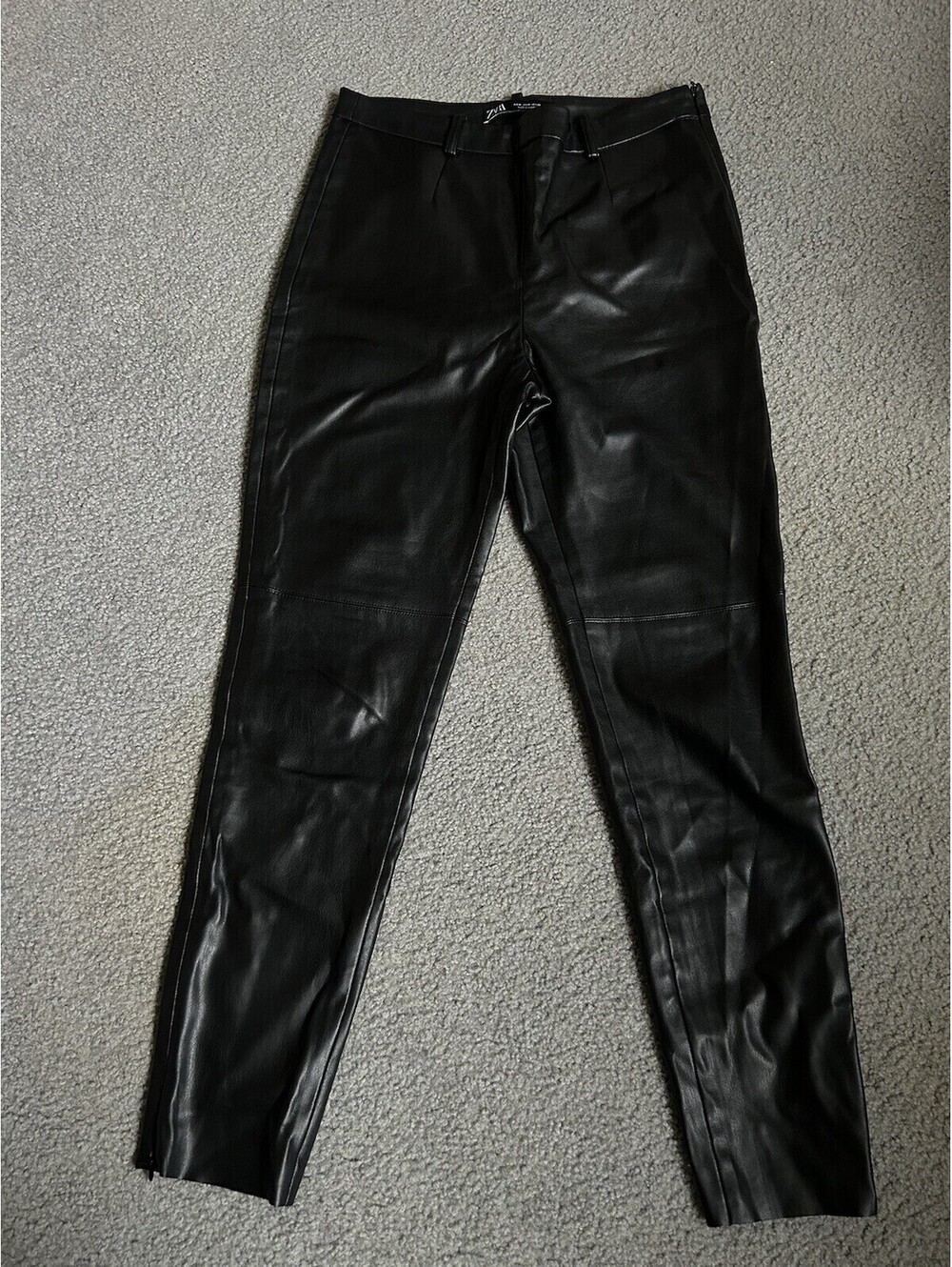 Zara Women's Black Faux Leather Pants Leggings Raw Hem Size M